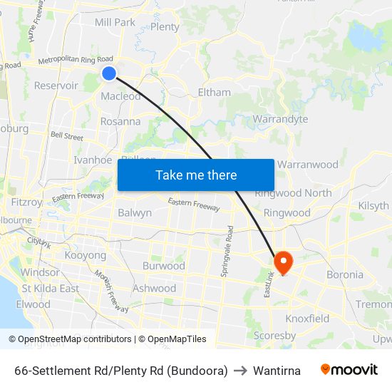 66-Settlement Rd/Plenty Rd (Bundoora) to Wantirna map