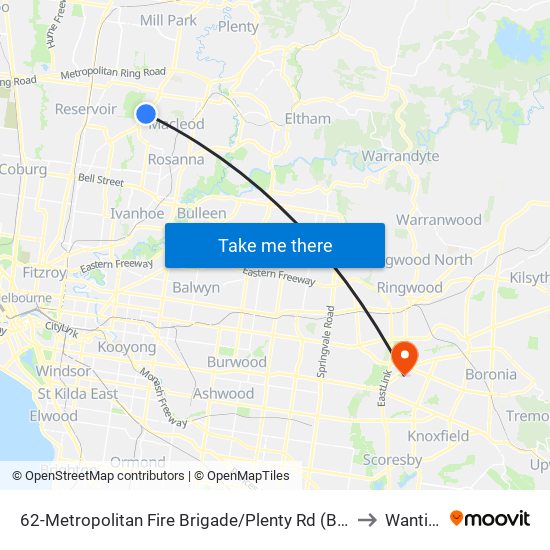 62-Metropolitan Fire Brigade/Plenty Rd (Bundoora) to Wantirna map