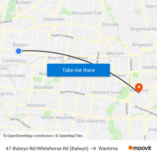 47-Balwyn Rd/Whitehorse Rd (Balwyn) to Wantirna map