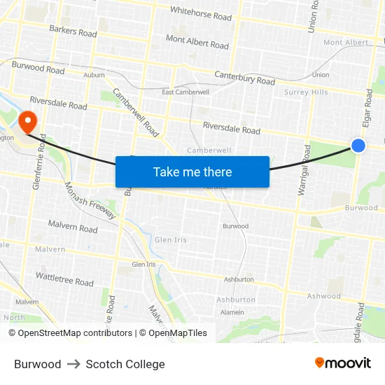 Burwood to Scotch College map