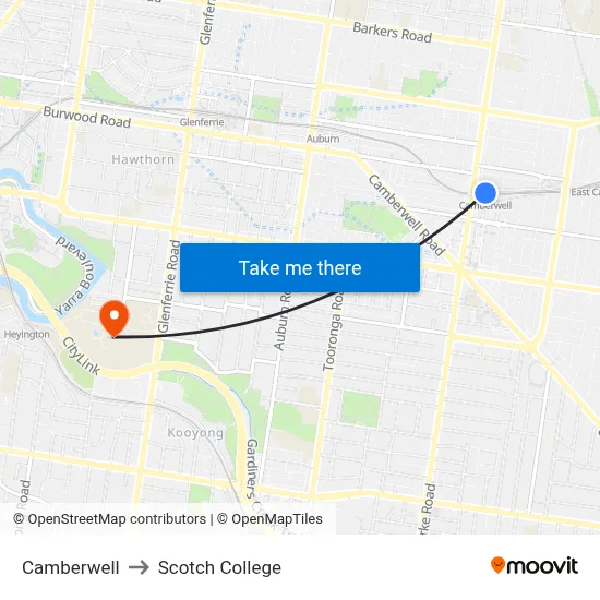Camberwell to Scotch College map
