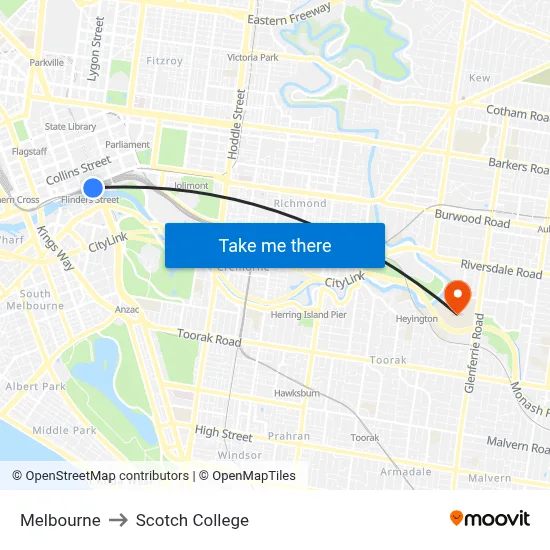Melbourne to Scotch College map
