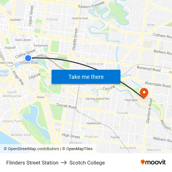 Flinders Street Station to Scotch College map
