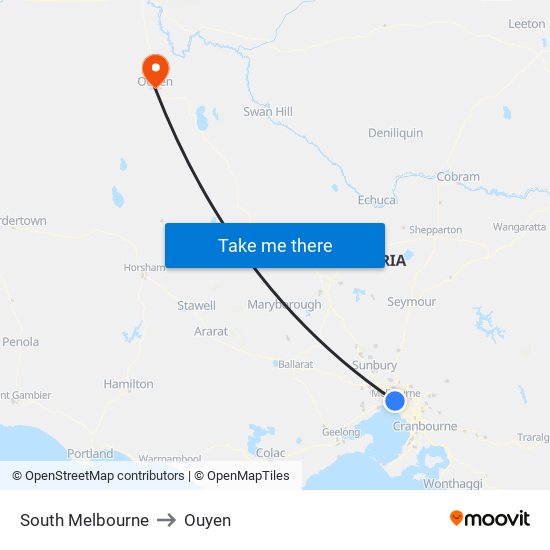 South Melbourne to Ouyen map