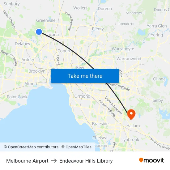 Melbourne Airport to Endeavour Hills Library map