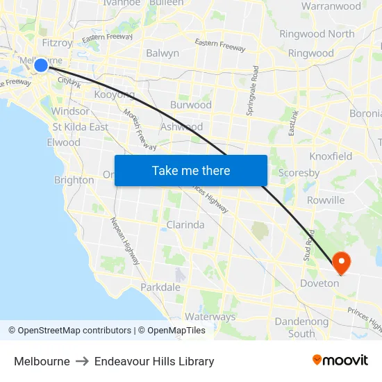 Melbourne to Endeavour Hills Library map