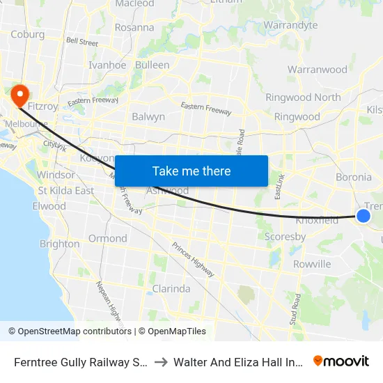 Ferntree Gully Railway Station to Walter And Eliza Hall Institute map