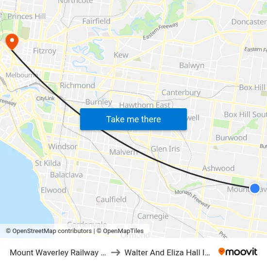 Mount Waverley Railway Station to Walter And Eliza Hall Institute map