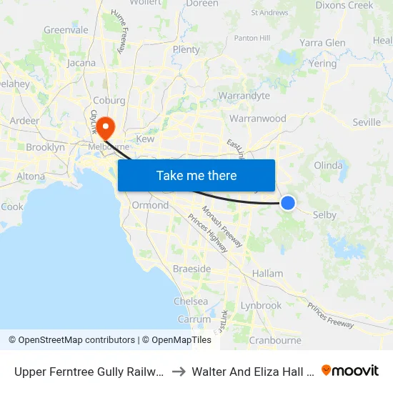 Upper Ferntree Gully Railway Station to Walter And Eliza Hall Institute map