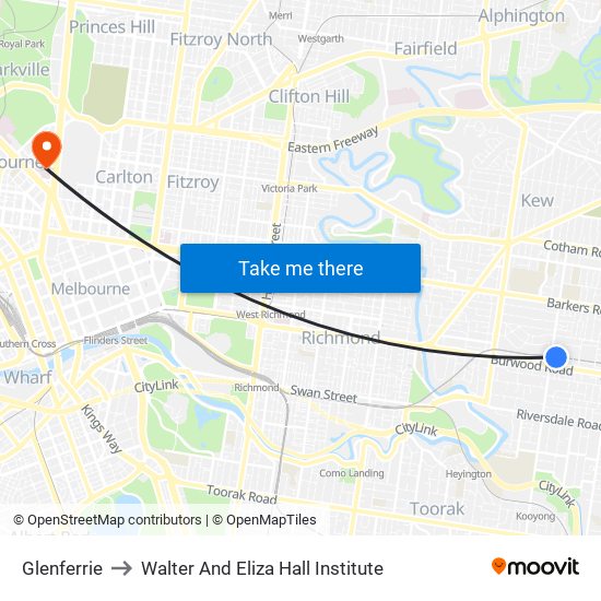 Glenferrie to Walter And Eliza Hall Institute map