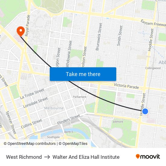 West Richmond to Walter And Eliza Hall Institute map