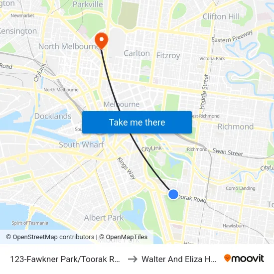 Fawkner Park/Toorak Rd #123 to Walter And Eliza Hall Institute map