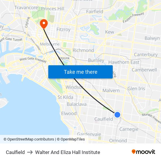 Caulfield to Walter And Eliza Hall Institute map