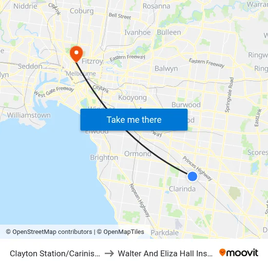 Clayton Station/Carinish Rd to Walter And Eliza Hall Institute map