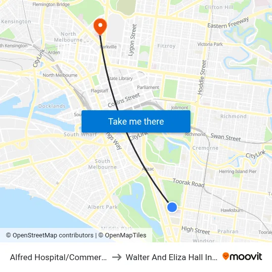 Alfred Hospital/Commercial Rd to Walter And Eliza Hall Institute map