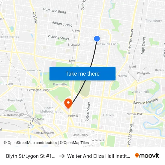 Blyth St/Lygon St #125 to Walter And Eliza Hall Institute map