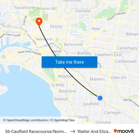 Caulfield Racecourse/Normanby Rd #56 to Walter And Eliza Hall Institute map