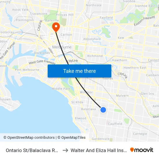 Ontario St/Balaclava Rd #44 to Walter And Eliza Hall Institute map