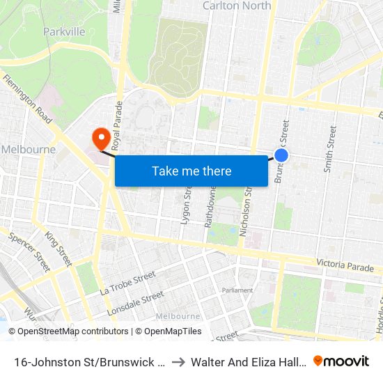 16-Johnston St/Brunswick St (Fitzroy) to Walter And Eliza Hall Institute map