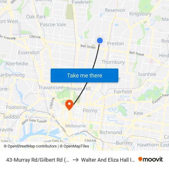 43-Murray Rd/Gilbert Rd (Preston) to Walter And Eliza Hall Institute map