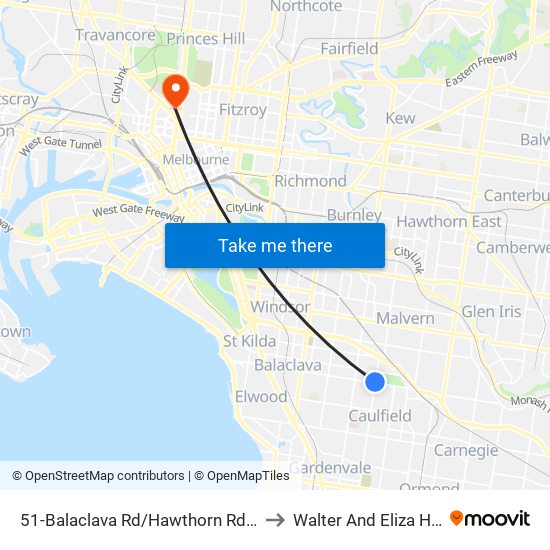 51-Balaclava Rd/Hawthorn Rd (Caulfield North) to Walter And Eliza Hall Institute map