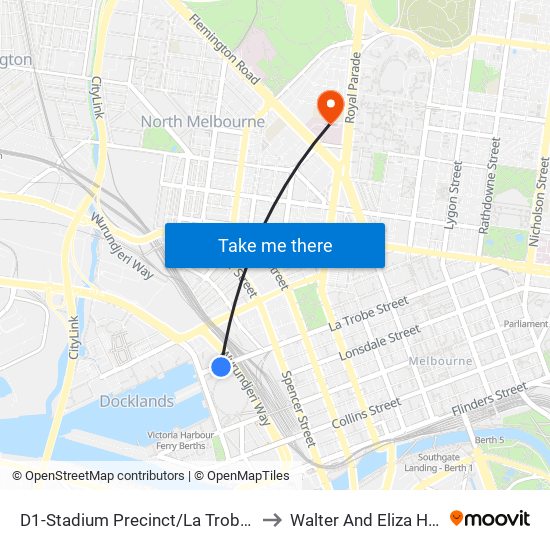 D1-Stadium Precinct/La Trobe St (Docklands) to Walter And Eliza Hall Institute map