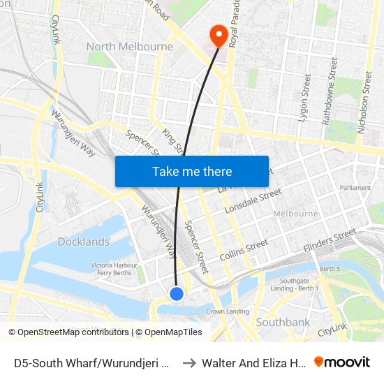 D5-South Wharf/Wurundjeri Way (Docklands) to Walter And Eliza Hall Institute map