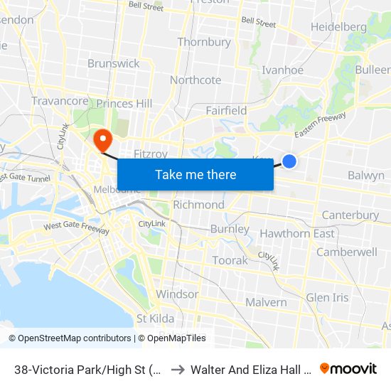 38-Victoria Park/High St (Kew East) to Walter And Eliza Hall Institute map