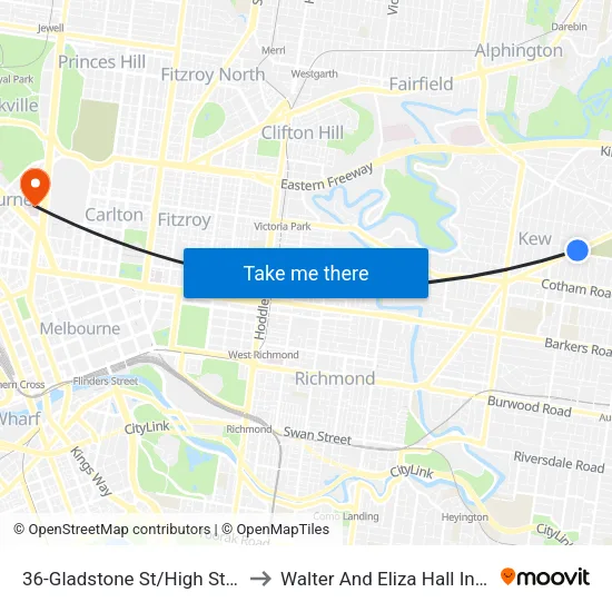 Gladstone St/High St #36 to Walter And Eliza Hall Institute map