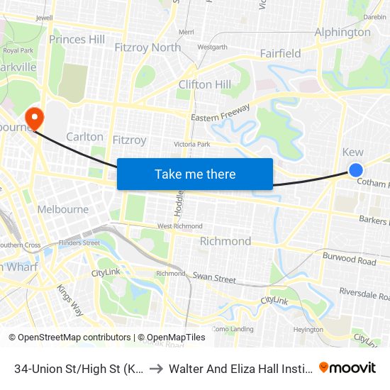 34-Union St/High St (Kew) to Walter And Eliza Hall Institute map