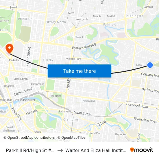 Parkhill Rd/High St #36 to Walter And Eliza Hall Institute map