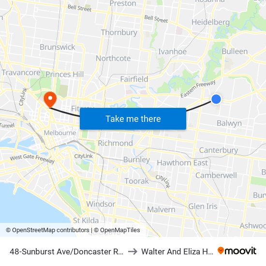 48-Sunburst Ave/Doncaster Rd (Balwyn North) to Walter And Eliza Hall Institute map