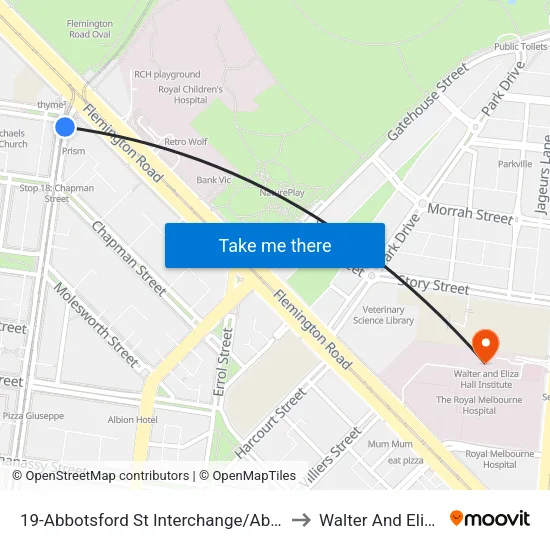Abbotsford St Interchange/Abbotsford St #19 to Walter And Eliza Hall Institute map