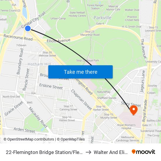 22-Flemington Bridge Station/Flemington Rd (North Melbourne) to Walter And Eliza Hall Institute map