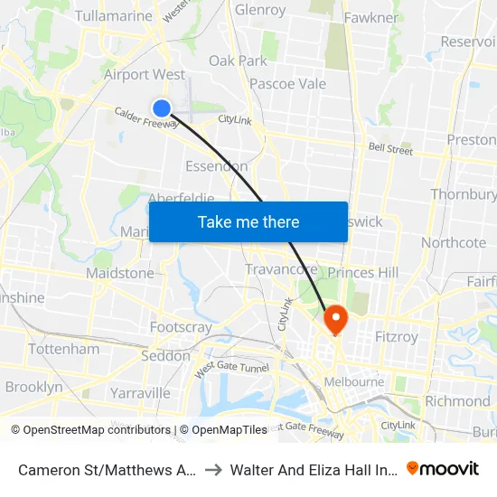 Cameron St/Matthews Ave #55 to Walter And Eliza Hall Institute map