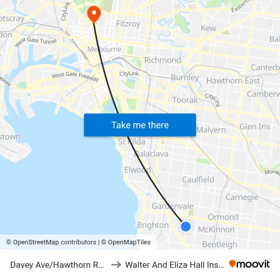 Davey Ave/Hawthorn Rd #65 to Walter And Eliza Hall Institute map