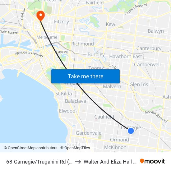 68-Carnegie/Truganini Rd (Carnegie) to Walter And Eliza Hall Institute map