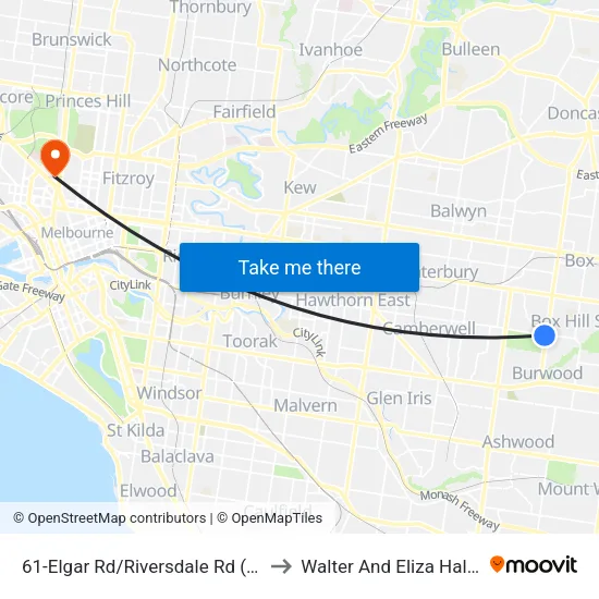 Elgar Rd/Riversdale Rd #61 to Walter And Eliza Hall Institute map
