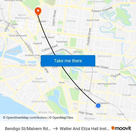 Bendigo St/Malvern Rd #32 to Walter And Eliza Hall Institute map