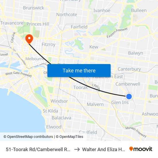 51-Toorak Rd/Camberwell Rd (Camberwell) to Walter And Eliza Hall Institute map