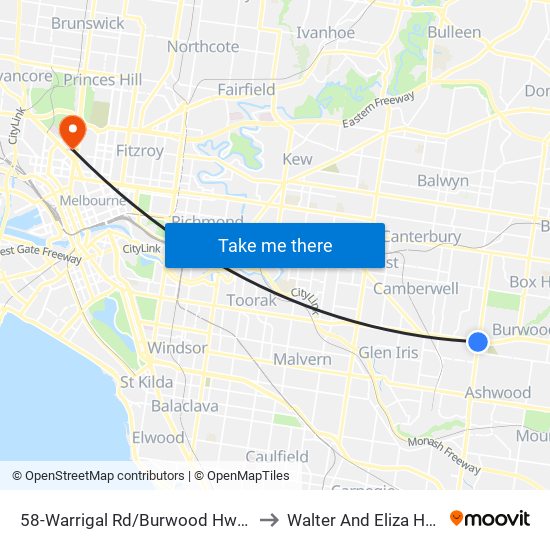 58-Warrigal Rd/Burwood Hwy (Camberwell) to Walter And Eliza Hall Institute map