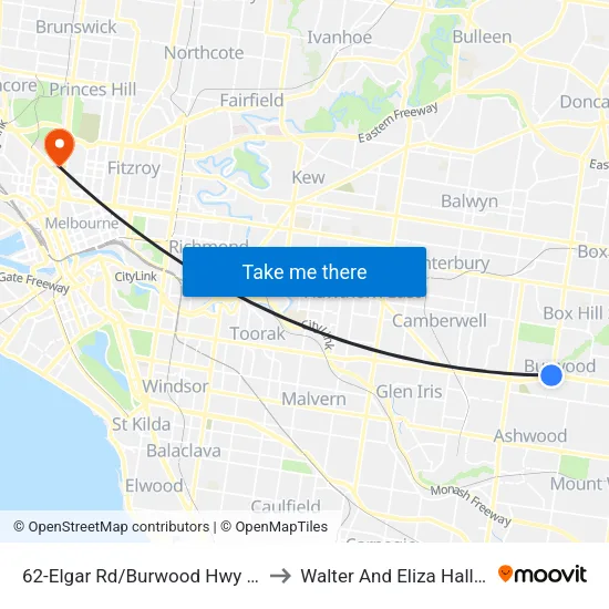 Elgar Rd/Burwood Hwy #62 to Walter And Eliza Hall Institute map