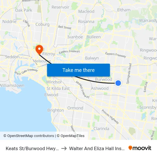 Keats St/Burwood Hwy #69 to Walter And Eliza Hall Institute map