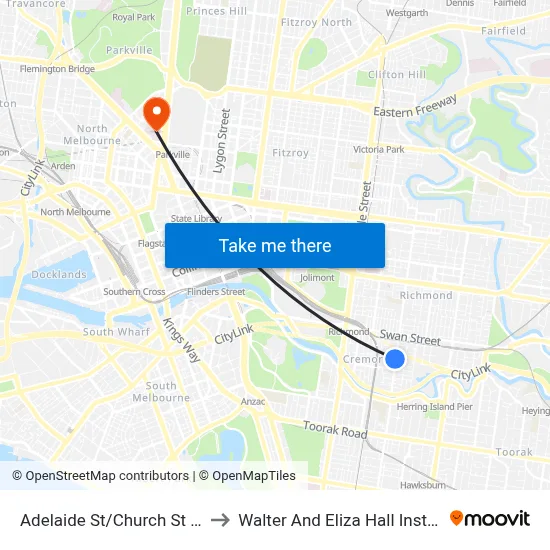 Adelaide St/Church St #55 to Walter And Eliza Hall Institute map