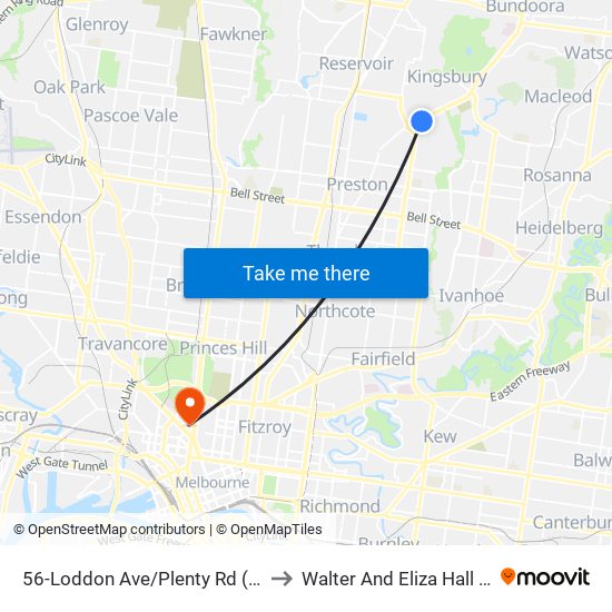 56-Loddon Ave/Plenty Rd (Reservoir) to Walter And Eliza Hall Institute map