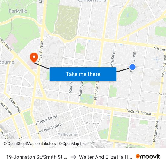 19-Johnston St/Smith St (Fitzroy) to Walter And Eliza Hall Institute map