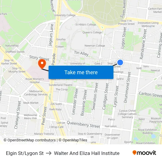 Elgin St/Lygon St to Walter And Eliza Hall Institute map
