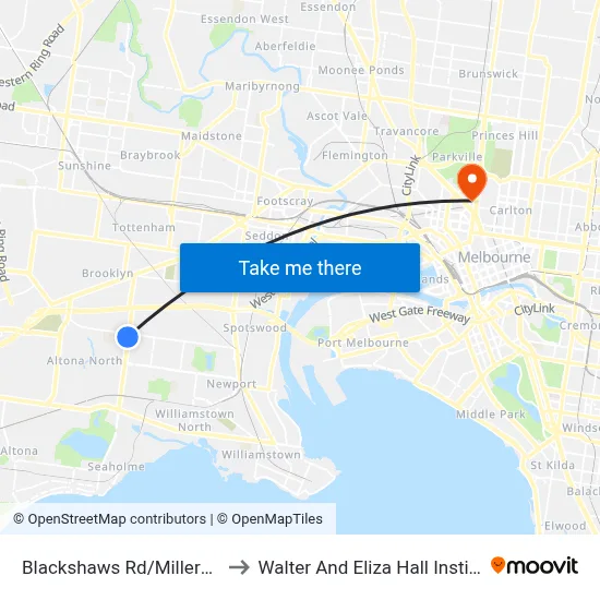 Blackshaws Rd/Millers Rd to Walter And Eliza Hall Institute map