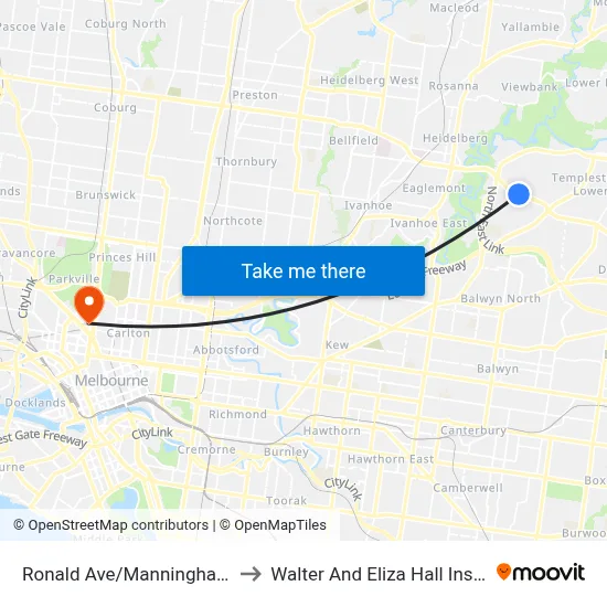 Ronald Ave/Manningham Rd to Walter And Eliza Hall Institute map