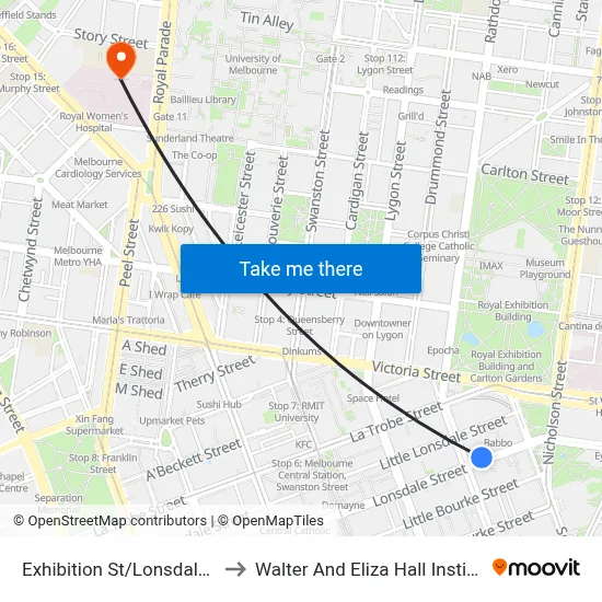 Exhibition St/Lonsdale St to Walter And Eliza Hall Institute map